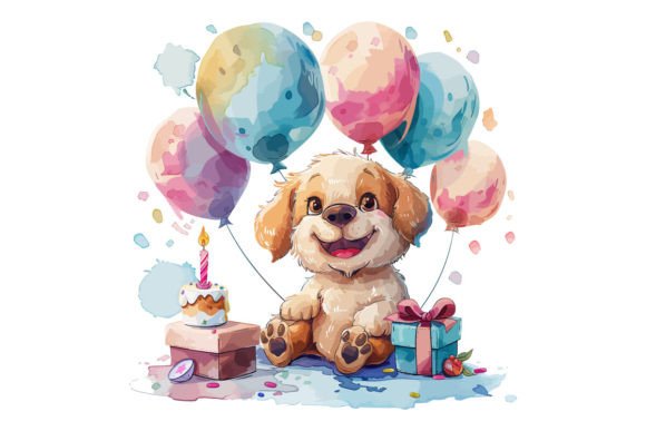 Watercolor Baby Dog with Happy Birthday